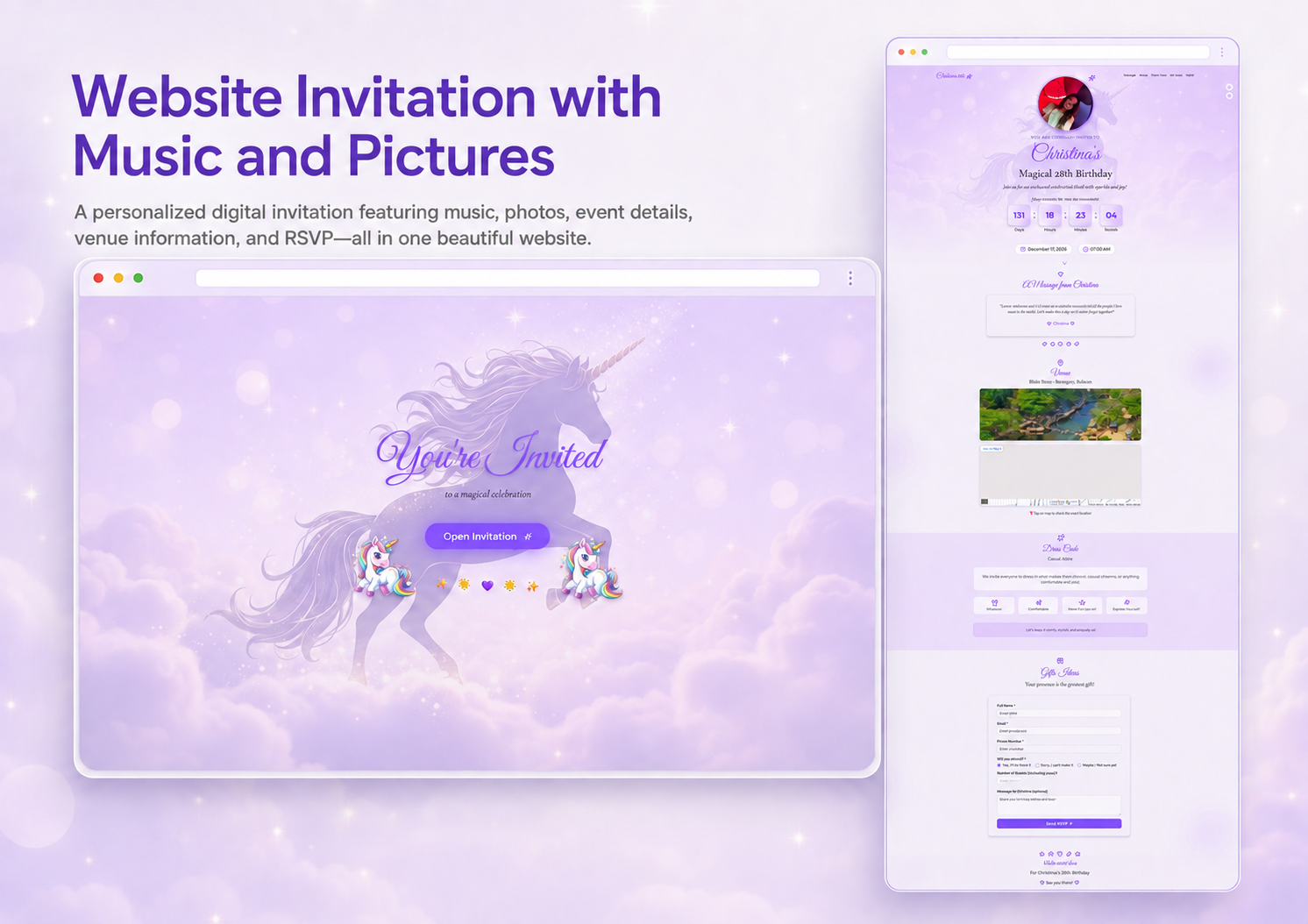 Unicorn-themed digital birthday invitation website built by Adlaw Site
